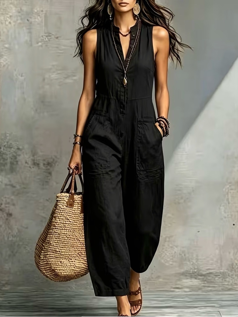 Sleeveless Black Utility Jumpsuit with Wide Legs